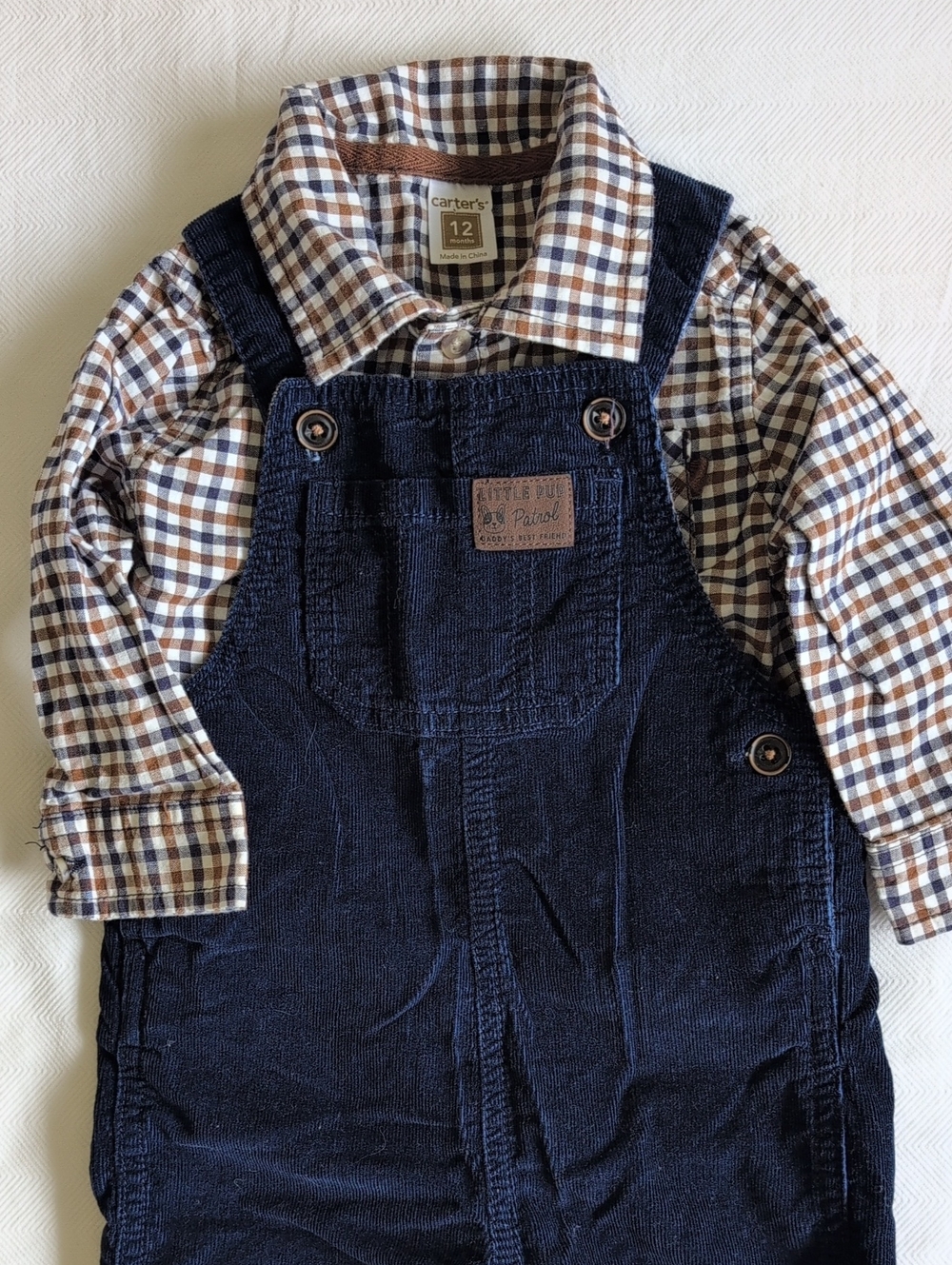 CARTER'S | 2pc Cabincore Navy Blue Corduroy Overalls & Gingham Shirt Set | 12M